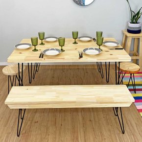 kit mesa de jantar 6 lugares com 4 bancos industriais hairpin natural e preto 2