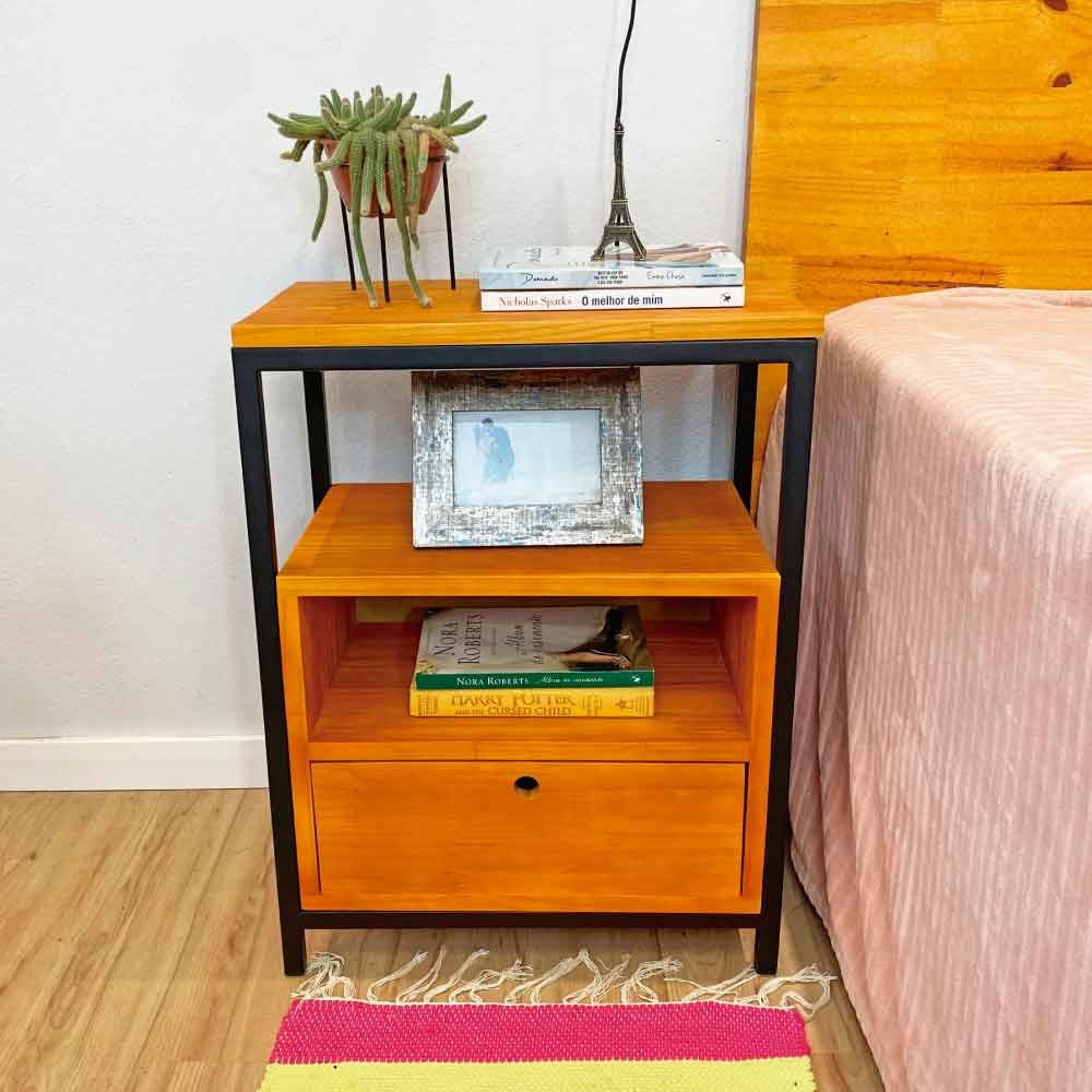mesa de cabeceira style com 1 gaveta e 1 prateleira industrial carvalho e preto madeira e ferro 2