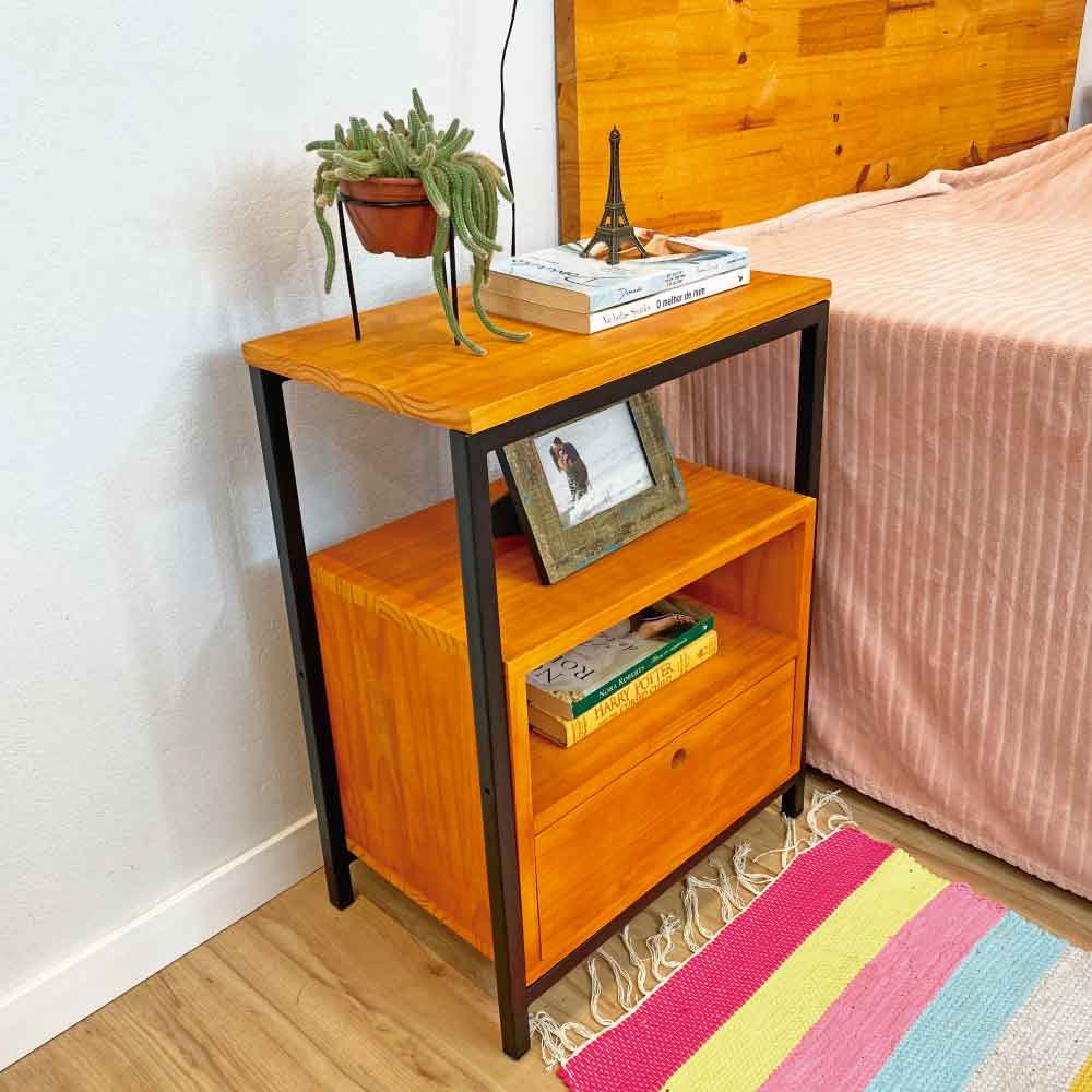 mesa de cabeceira style com 1 gaveta e 1 prateleira industrial carvalho e preto madeira e ferro 3