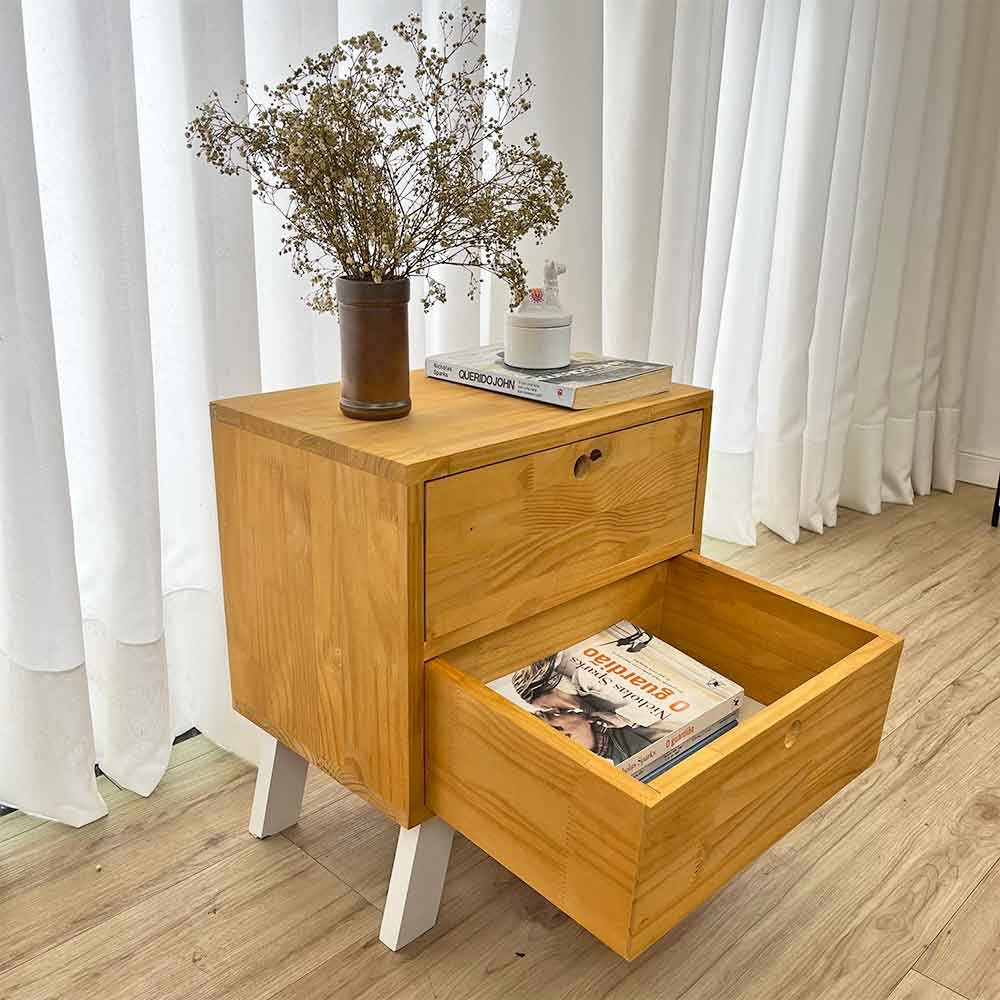 Mesa de Cabeceira de Madeira Gaveteiro Dual Woods Nozes e Branco
