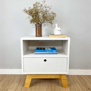 mesa lateral de madeira woods dual prateleira e gaveta branco e nozes 5