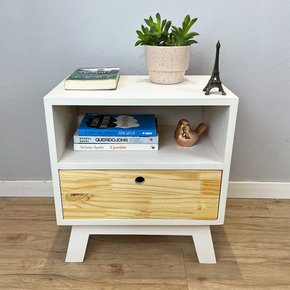mesa lateral de madeira woods dual prateleira e gaveta branco e natural