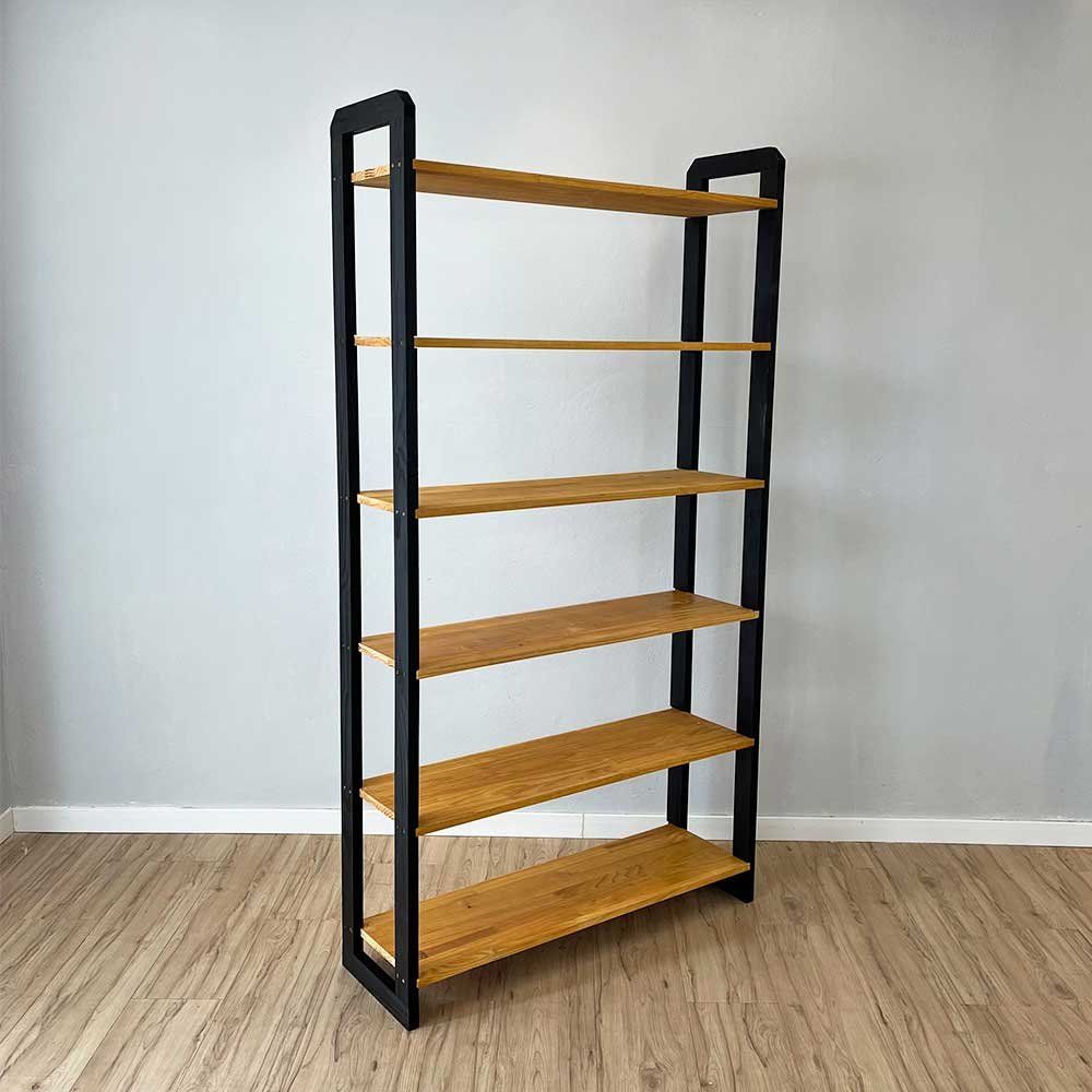 08 estante 6 prateleiras de madeira pinus linea ample nozes e preto