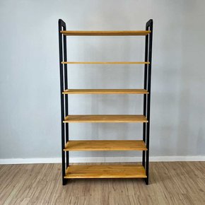 09 estante 6 prateleiras de madeira pinus linea ample nozes e preto