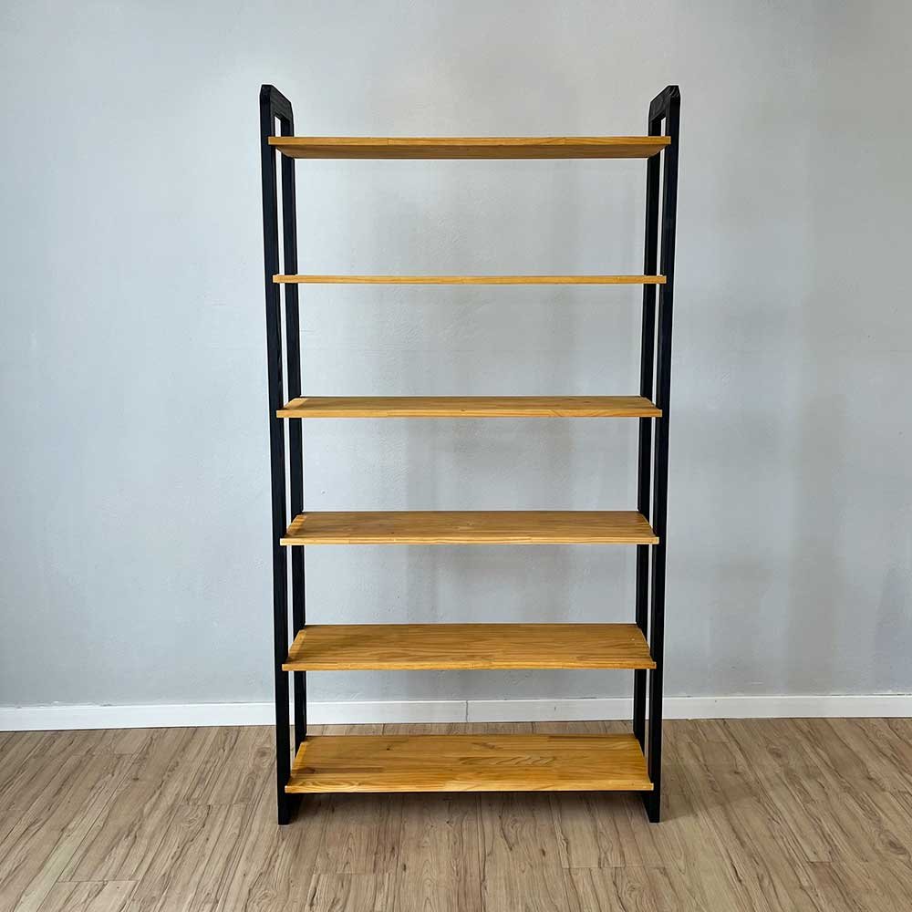 09 estante 6 prateleiras de madeira pinus linea ample nozes e preto