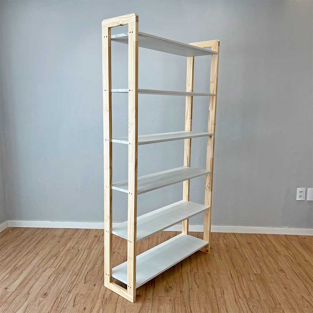 09 estante 6 prateleiras de madeira pinus linea ample branco e natural