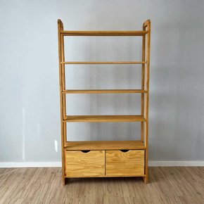estante 6 prateleiras de madeira pinus linea ample com 2 gavetas nozes frontal