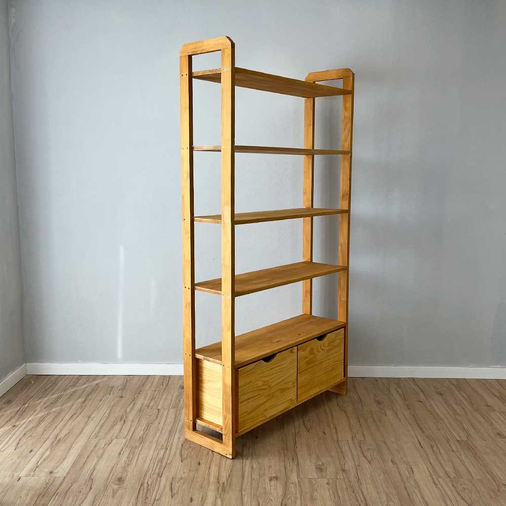 12 estante 6 prateleiras de madeira pinus linea ample com 2 gavetas nozes