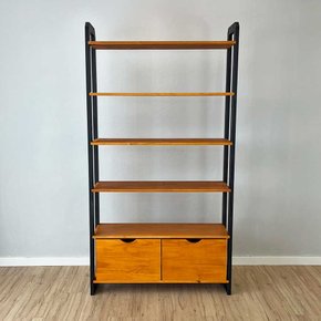 09 estante 6 prateleiras de madeira pinus linea ample com 2 gavetas carvalho e preto