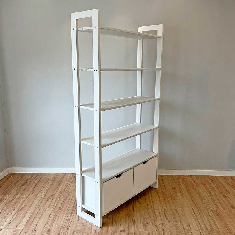 13 estante 6 prateleiras de madeira pinus linea ample com 2 gavetas branco