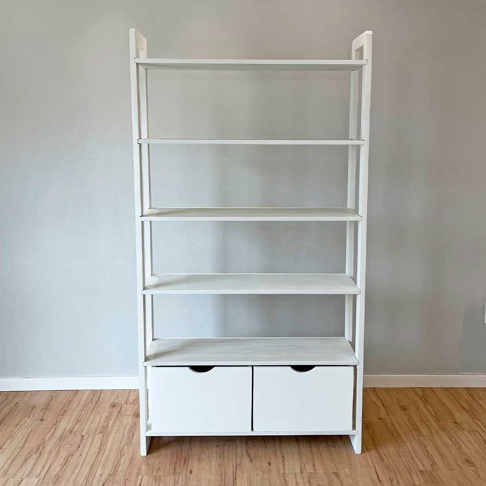 16 estante 6 prateleiras de madeira pinus linea ample com 2 gavetas branco