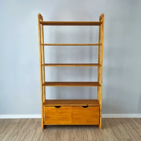 estante 6 prateleiras de madeira pinus linea ample com 2 gavetas carvalho frontal