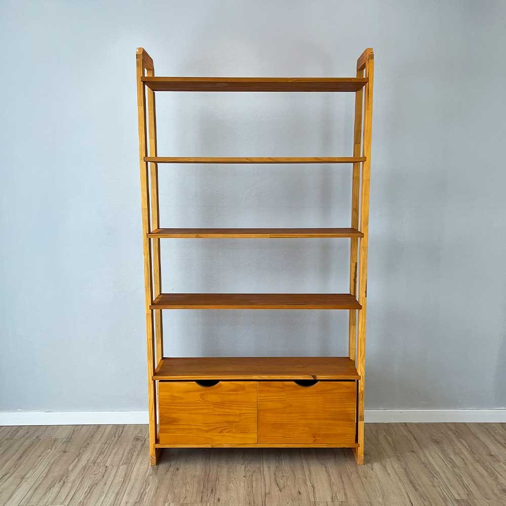 14 estante 6 prateleiras de madeira pinus linea ample com 2 gavetas carvalho