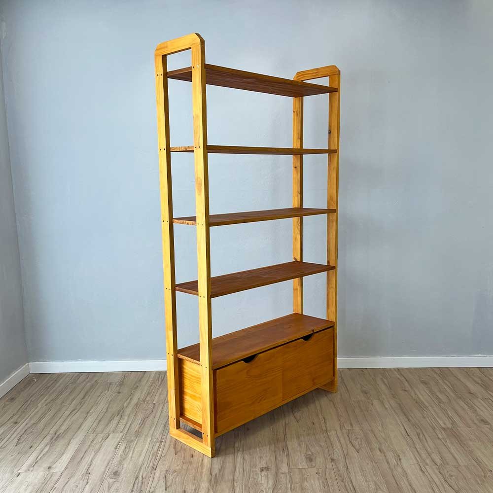 16 estante 6 prateleiras de madeira pinus linea ample com 2 gavetas carvalho