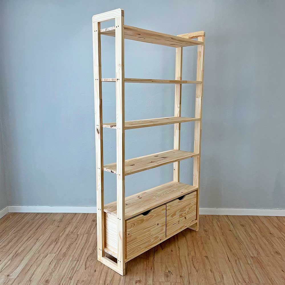 17 estante 6 prateleiras de madeira pinus linea ample com 2 gavetas natural