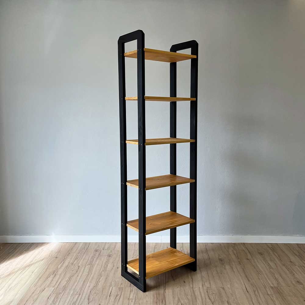 08 estante 6 prateleiras de madeira pinus linea slim nozes e preto