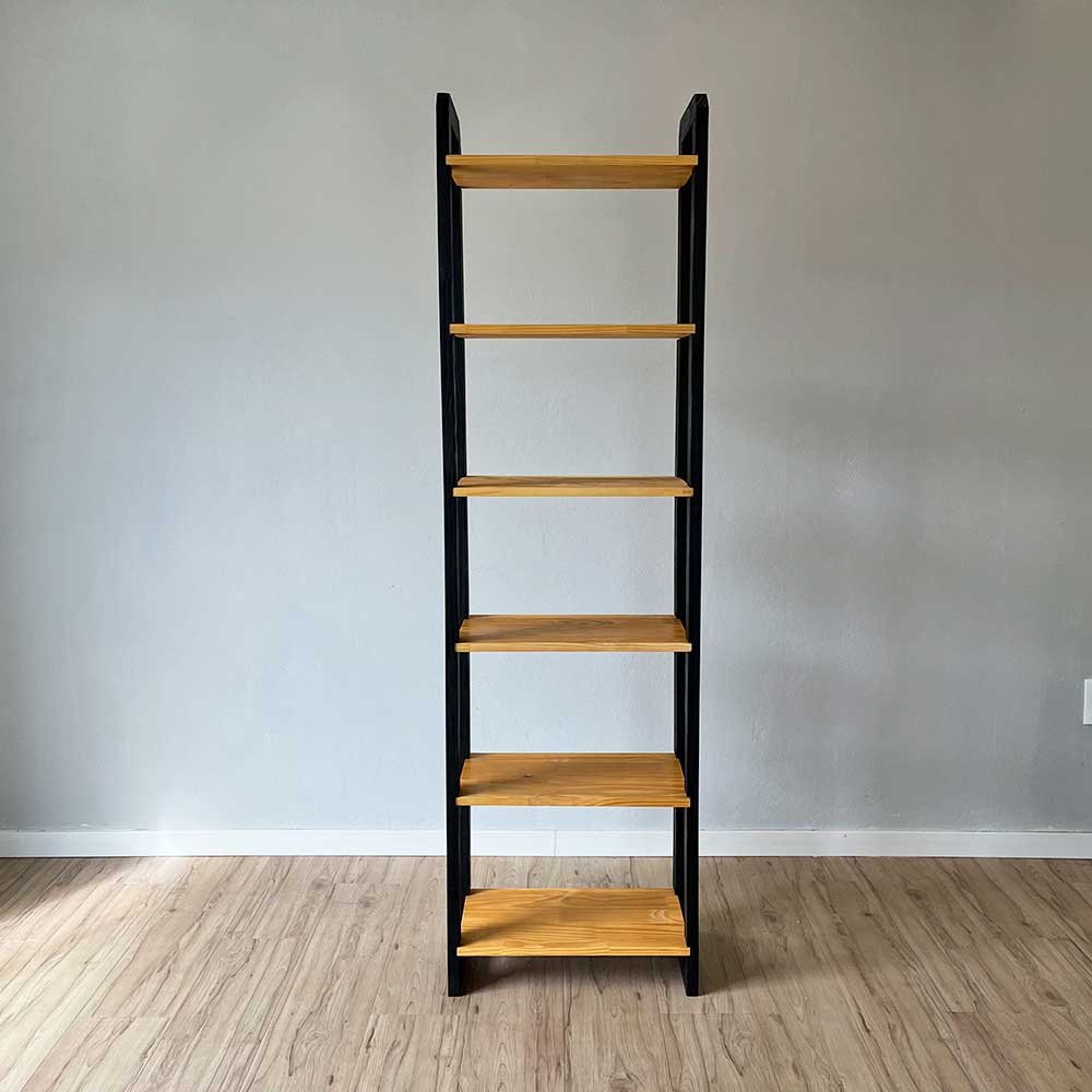 09 estante 6 prateleiras de madeira pinus linea slim nozes e preto