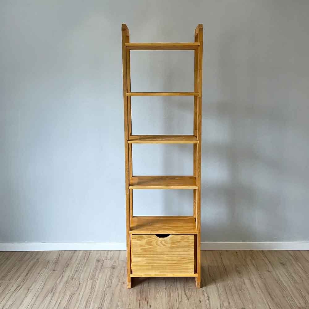 15 estante 6 prateleiras de madeira pinus linea slim com gaveta nozes