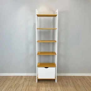 06 estante 6 prateleiras de madeira pinus linea slim com gaveta nozes e branco