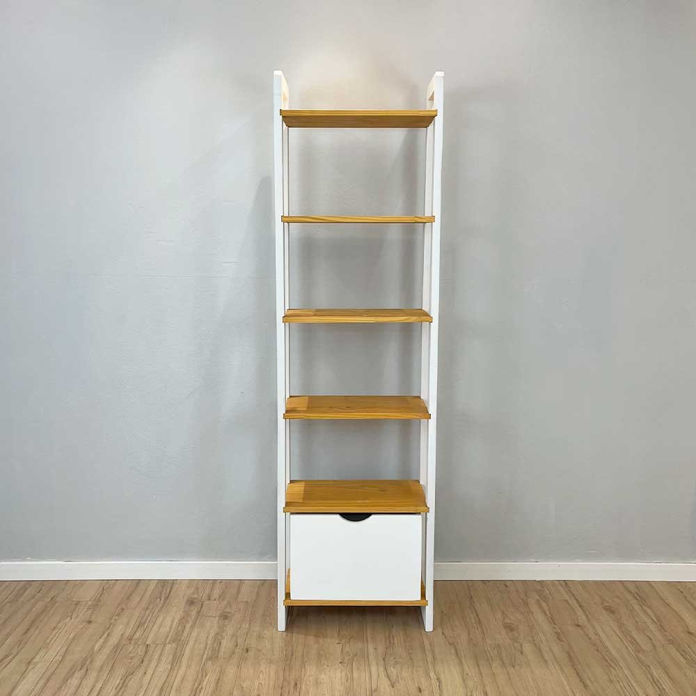 06 estante 6 prateleiras de madeira pinus linea slim com gaveta nozes e branco