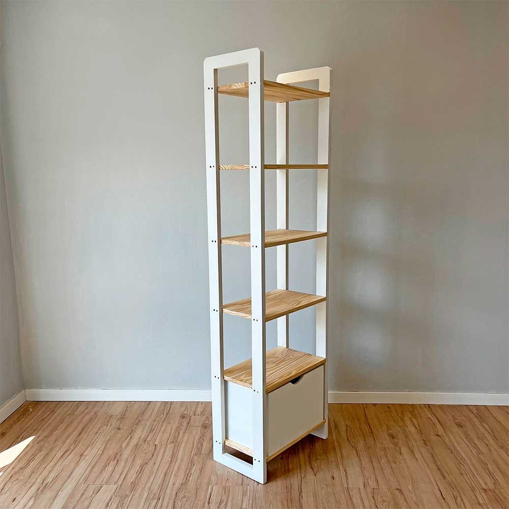 11 estante 6 prateleiras de madeira pinus linea slim com gaveta natural e branco