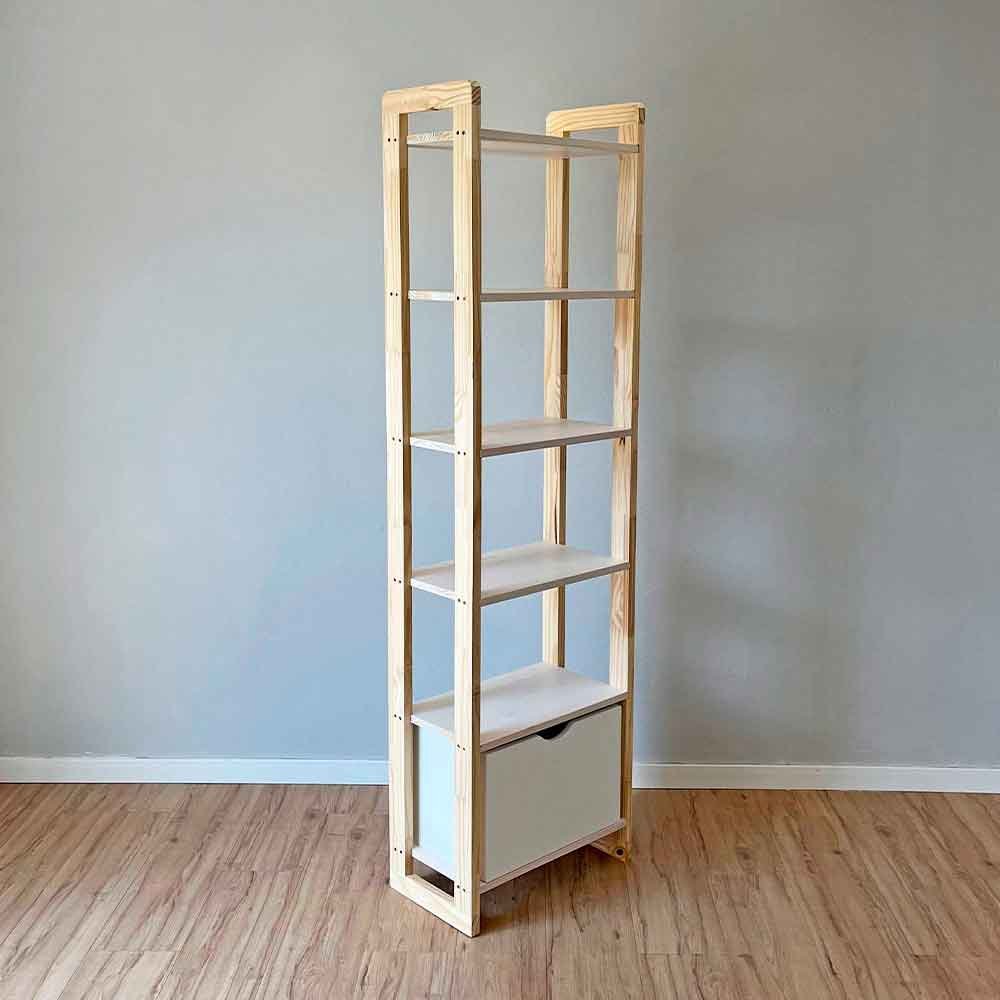 09 estante 6 prateleiras de madeira pinus linea slim com gaveta branco e natural