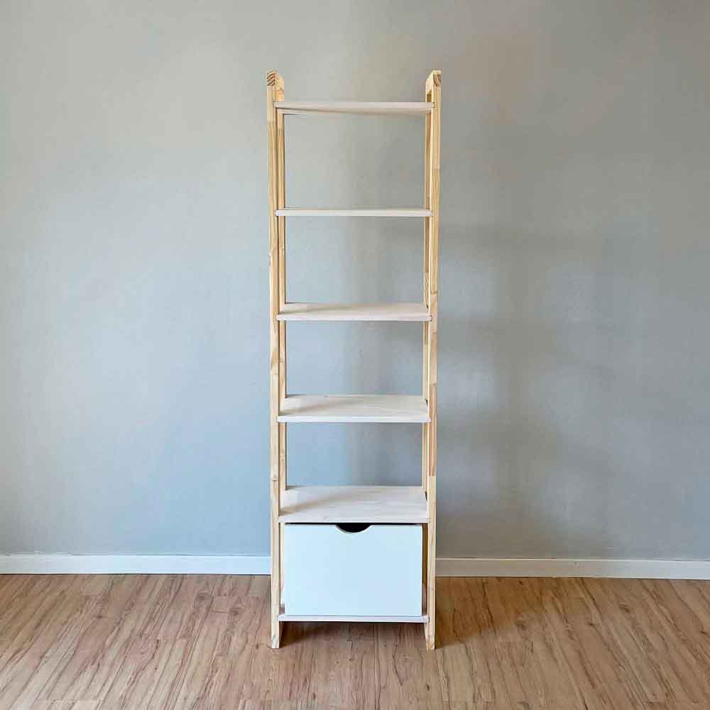 10 estante 6 prateleiras de madeira pinus linea slim com gaveta branco e natural