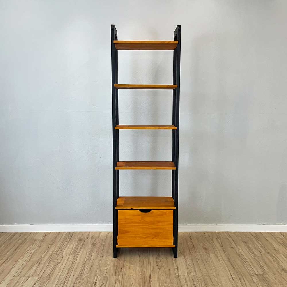 06 estante 6 prateleiras de madeira pinus linea slim com gaveta carvalho e preto
