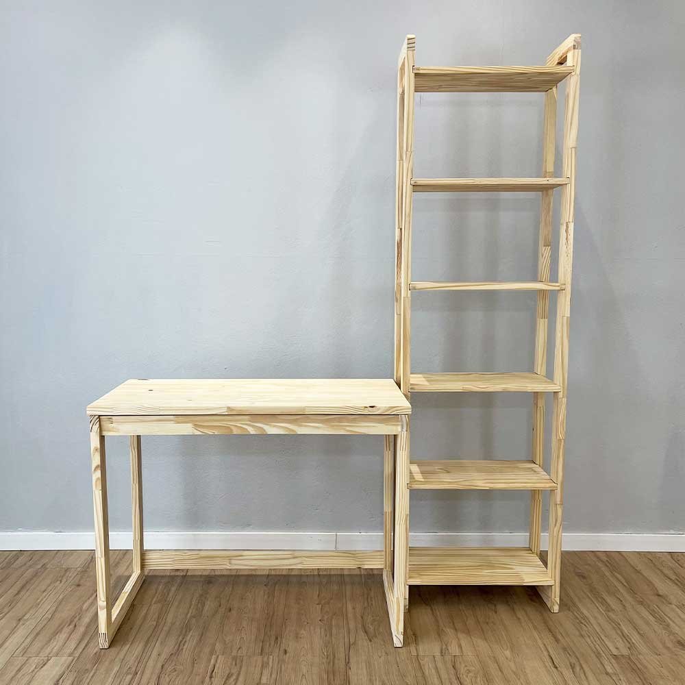 11 home office escrivaninha e estante de madeira pinus linea slim natural