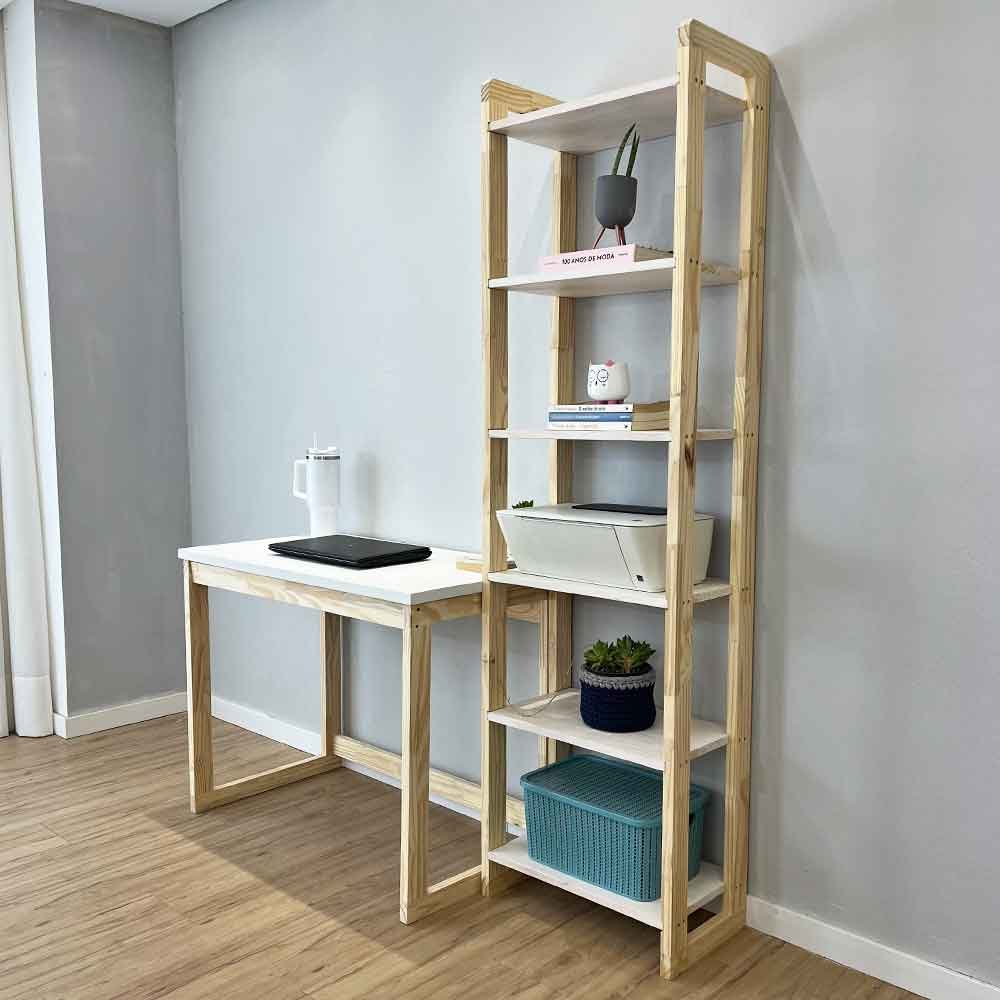 04 home office escrivaninha e estante de madeira pinus linea slim branco e natural