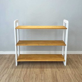 aparador de madeira pinus linea de 3 prateleiras ample nozes e branco frontal