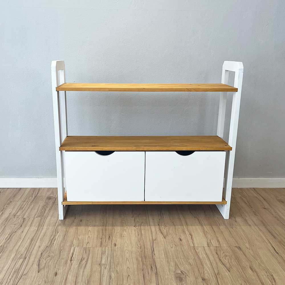 07 aparador de madeira pinus linea de 3 prateleiras ample com 2 gavetas nozes e branco