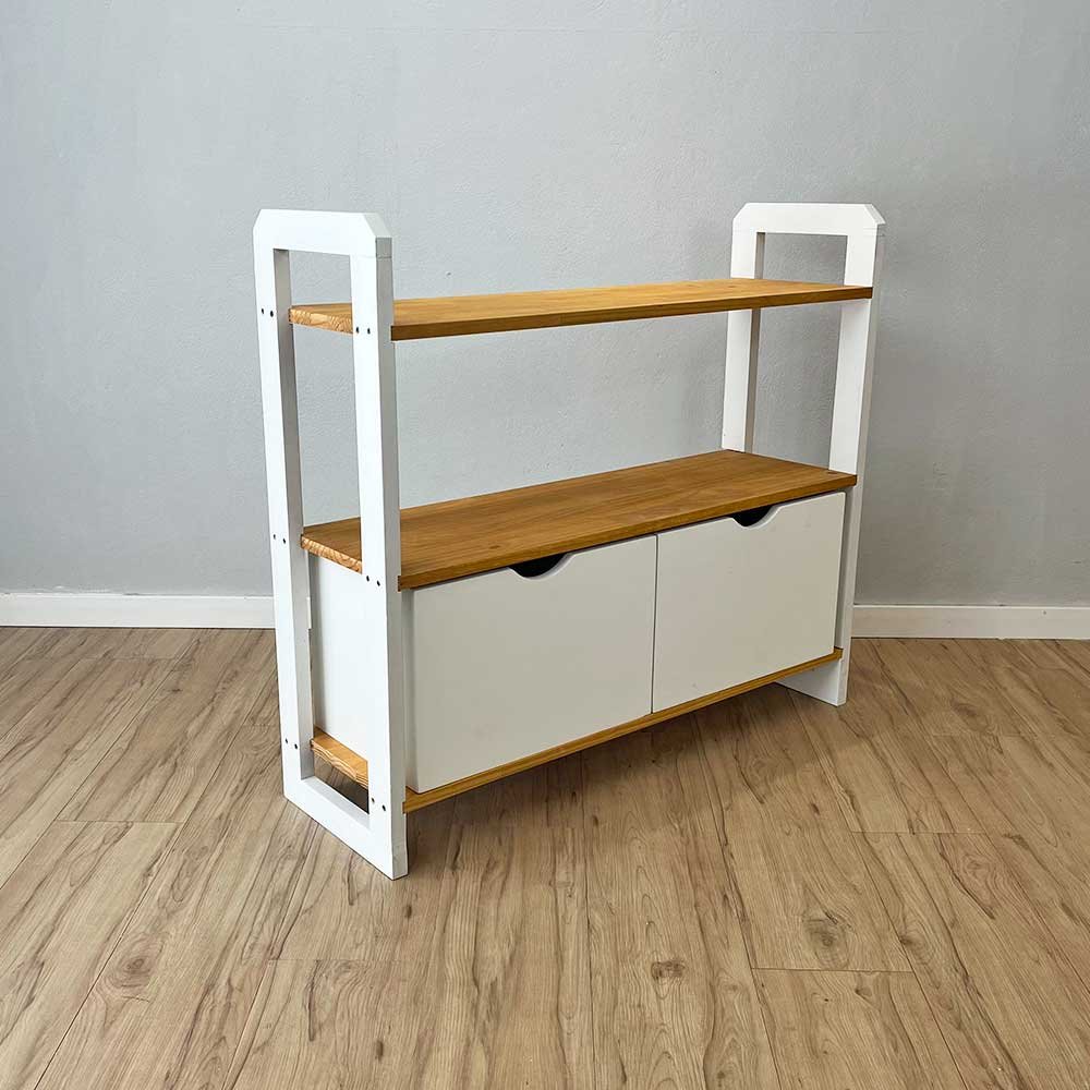 08 aparador de madeira pinus linea de 3 prateleiras ample com 2 gavetas nozes e branco