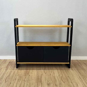 aparador de madeira pinus linea de 3 prateleiras ample com 2 gavetas nozes e preto frontal