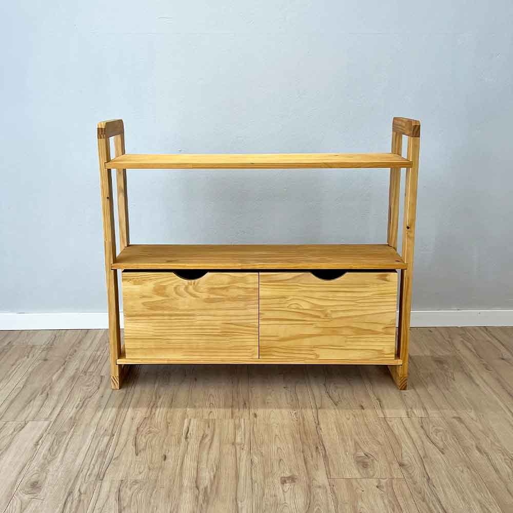 26 aparador de madeira pinus linea de 3 prateleiras ample com 2 gavetas nozes