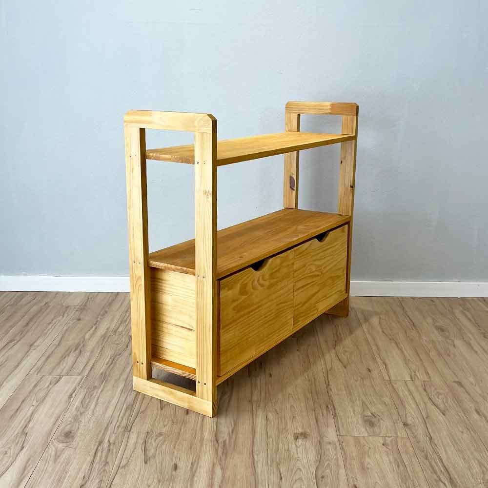 27 aparador de madeira pinus linea de 3 prateleiras ample com 2 gavetas nozes