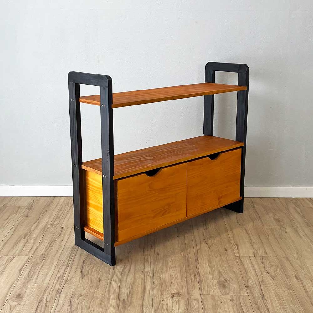 05 aparador de madeira pinus linea de 3 prateleiras ample com 2 gavetas carvalho e preto