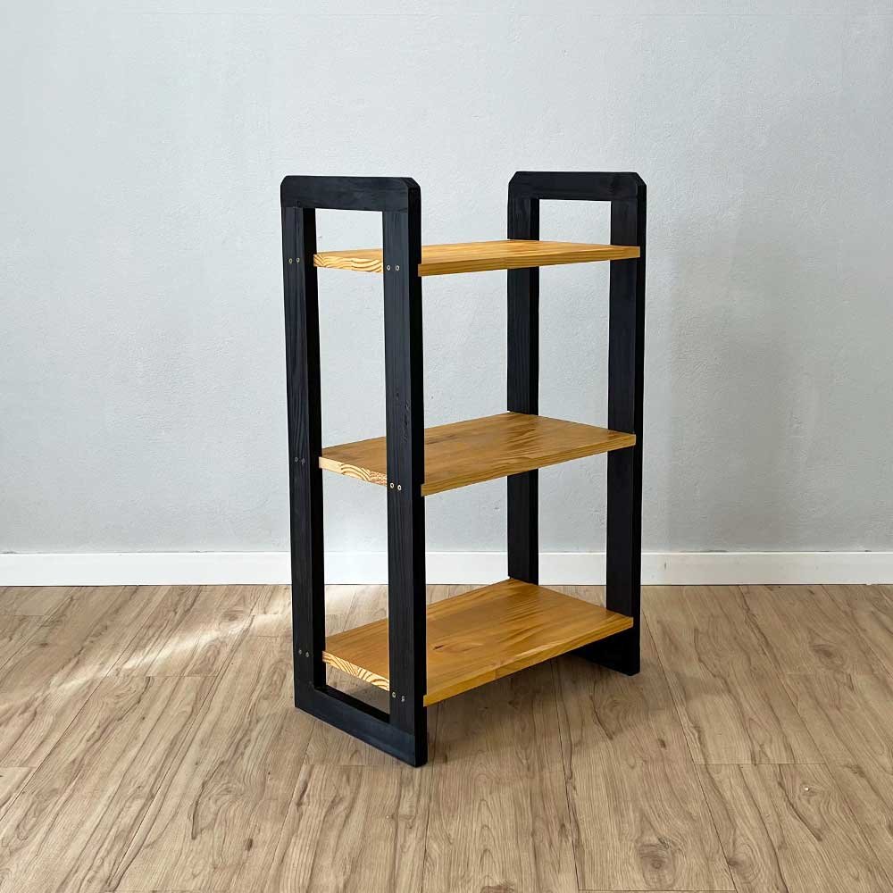 09 aparador de madeira pinus linea de 3 prateleiras slim nozes e preto