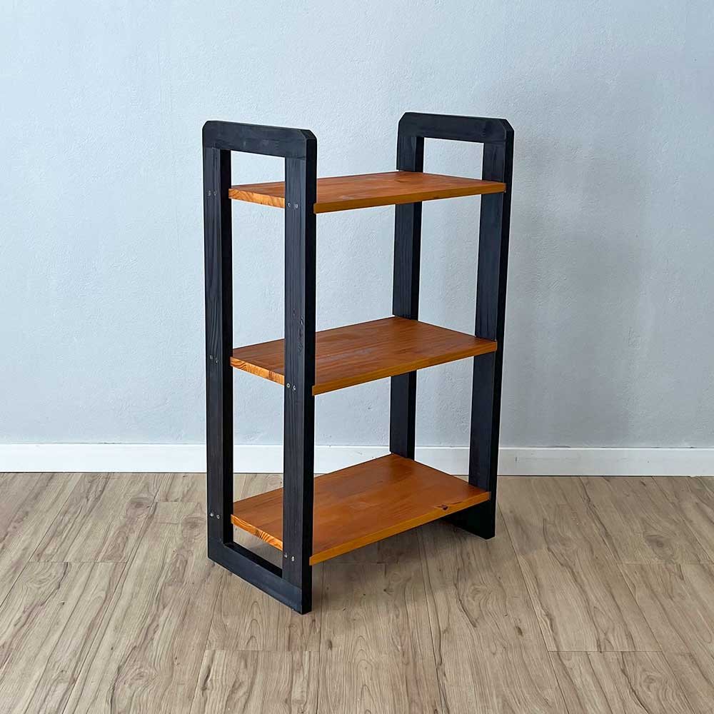 02 aparador de madeira pinus linea de 3 prateleiras slim carvalho e preto