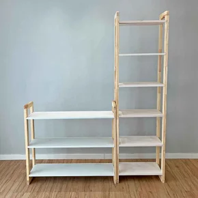 05 cantinho estante e aparador de madeira pinus linea branco e natural