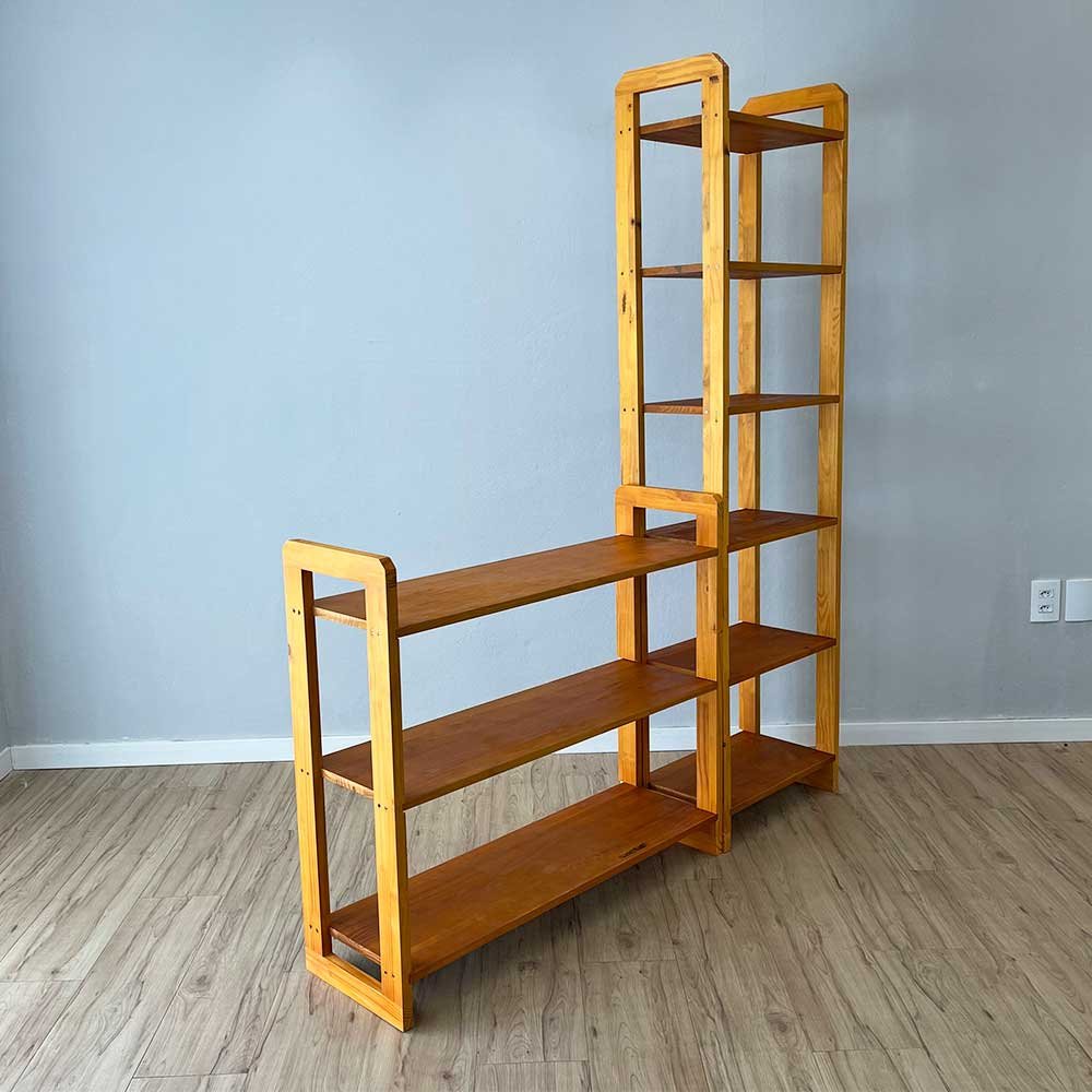 08 cantinho estante e aparador de madeira pinus linea carvalho