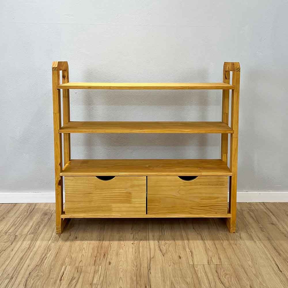 19 aparador de madeira pinus linea de 4 prateleiras ample com 2 gavetas nozes