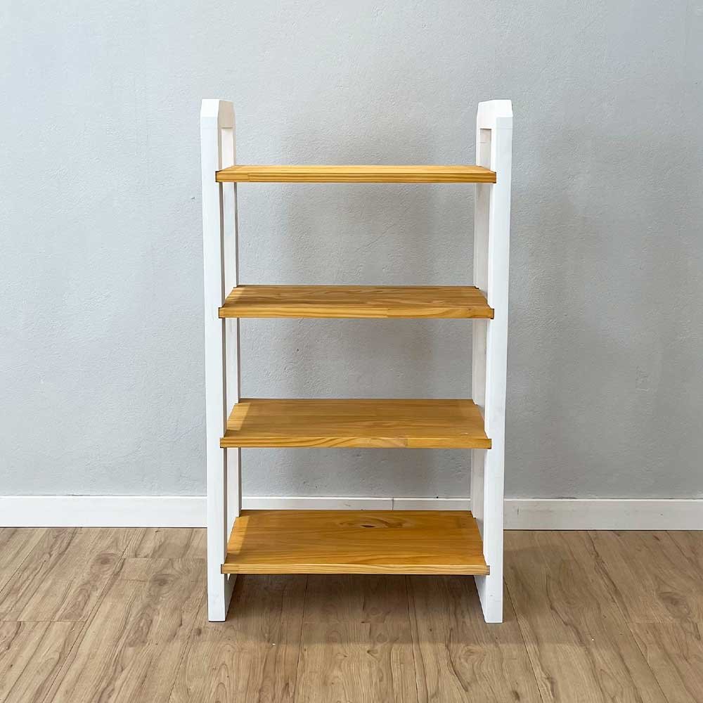15 aparador de madeira pinus linea de 4 prateleiras slim nozes e branco