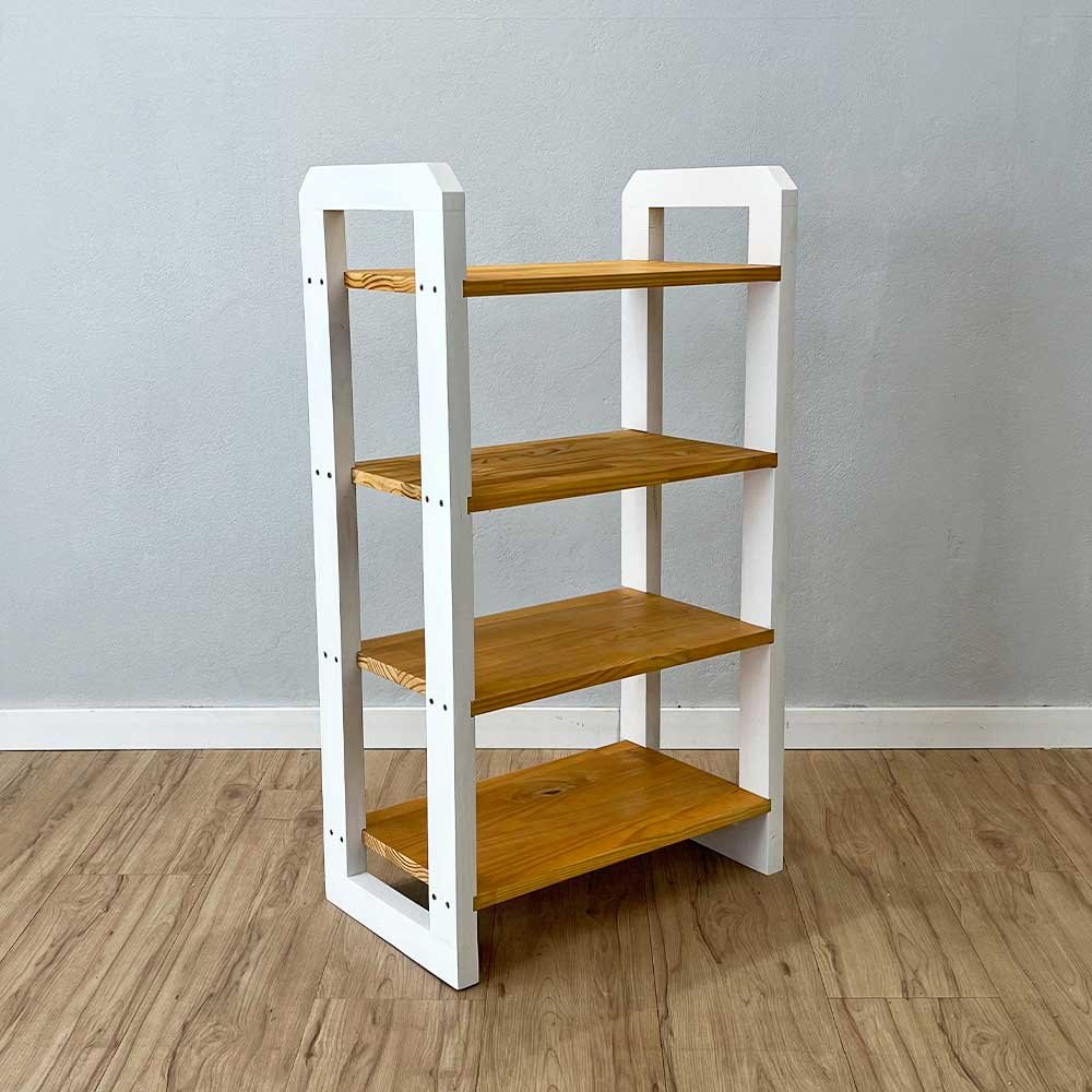 20 aparador de madeira pinus linea de 4 prateleiras slim nozes e branco