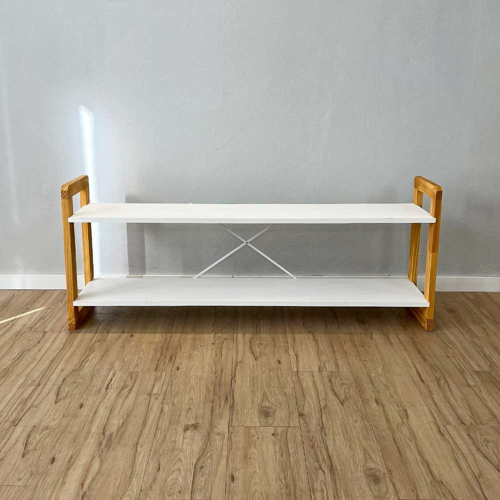 15 rack de tv de madeira pinus linea branco e nozes