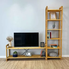 rack de tv de madeira pinus com estante 6 prateleiras slim linea nozes decorado frontal