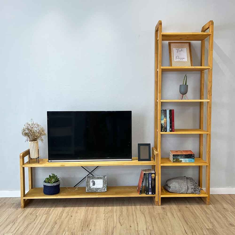 08 rack de tv de madeira pinus com estante 6 prateleiras slim linea nozes