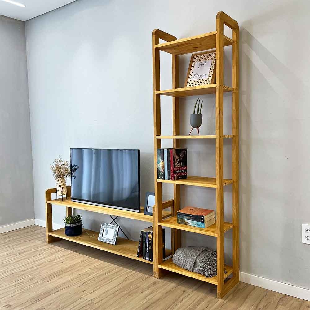 09 rack de tv de madeira pinus com estante 6 prateleiras slim linea nozes