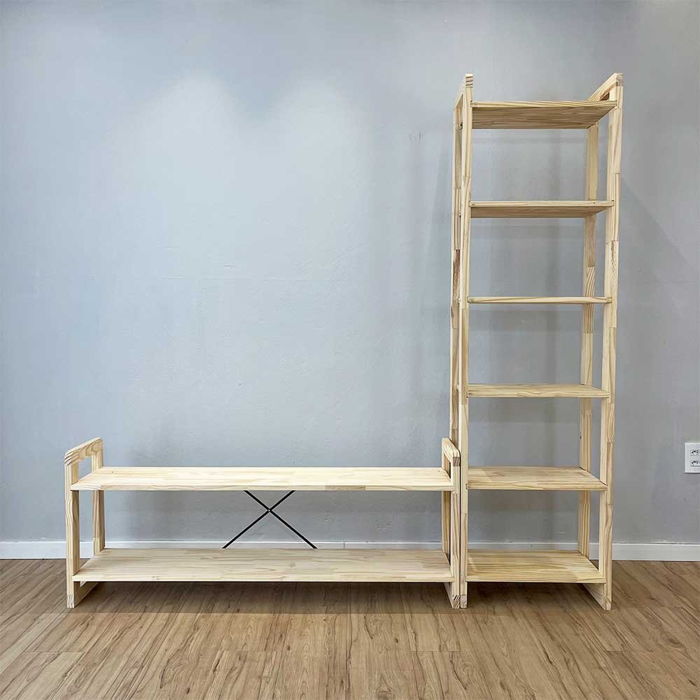 rack de tv de madeira pinus com estante 6 prateleiras slim linea natural
