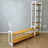 05 rack de tv de madeira pinus com estante 6 prateleiras slim linea nozes e branco